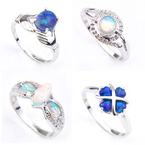 Luckyshine Anillo de Bodas 4 Piezas Anillos de Flores de Plata 925 con Piedras Preciosas de ópalo de Fuego Azul y Blanco clásico de Cuatro Estilos para Mujeres, Fiestas de Boda, Regalos navideños