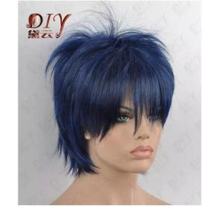 Mix Short Silky Straight Blue Black Lady Wig Heat Daily Wear Full Hair
