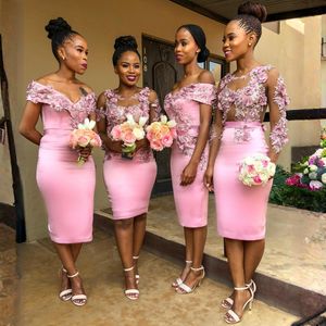 Robes de demoiselle d'honneur courtes de style mixte longueur thé rose épaules dénudées fleurs faites à la main magnifique robe de bal de soirée perlée robes de demoiselle d'honneur africaine Nigeria BR006