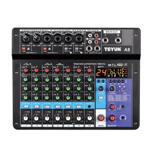 Mixer TEYUN A8 Console de mixage audio Carte de table son avec 8 canaux, USB, Bluetooth, entrée d'ordinateur mp3 numérique, 48V Phantom Power