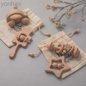 Mobiles # Baby Toys Rattles en bois Ensembles Beech Hand Disting Cartoon Animal Bear Baby Rattles Musical Montessori Gifts éducatifs D240426