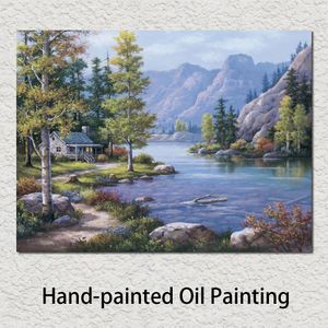 Arte moderno sobre lienzo Pinturas al óleo Lakeside Lodge Paisajes pintados a mano Imágenes para la decoración de la pared de la habitación de la oficina