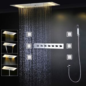 Juego de ducha de techo moderno para baño, cabezal de ducha tipo lluvia con cascada LED de lujo, grifos termostáticos de 380x700mm, mezclador de ducha con chorro corporal de masaje de 4 pulgadas