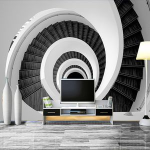 Papier peint Photo Mural 3D personnalisé, moderne et créatif, noir et blanc, escalier tourbillonnant, Simple et élégant, arrière-plan de salon