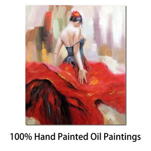 Figure Moderne Peintures À L'huile Danseuse De Flamenco Espagnol Gypsy Robe Rouge Vif Peint À La Main Toile Art Belle Dame Oeuvre Pour Bureau Hôtel Décoration Murale