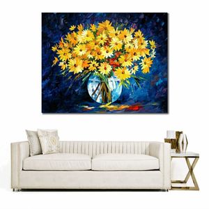 Flores modernas Arte de la lona Amarillo sobre azul Pinturas al óleo de naturaleza muerta hechas a mano para la decoración contemporánea del hogar