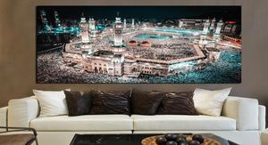 Pèlerinage islamique moderne à la Mecque, mosquée sacrée, paysage nocturne, peinture sur toile, affiches imprimées, images d'art murales pour salon Hom8496115