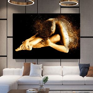 Pintura moderna de gran tamaño para mujer dorada, lienzo, cuadro artístico para pared, carteles con retrato abstracto e impresiones para decoración del hogar y la sala de estar