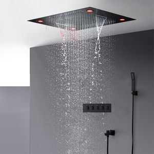 Ensemble de douche noir mat de salle de bain moderne Plafond dissimulé Grand panneau de tête de douche à LED 600 * 800MM Robinets de douche thermostatiques à cascade de pluie