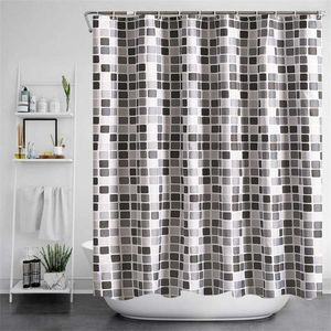 Cortina de baño a cuadros de mosaico moderno Tela de tela Espesada Cortina de ducha impermeable Cortinas de bañera con ganchos Decoración para el hogar 211116