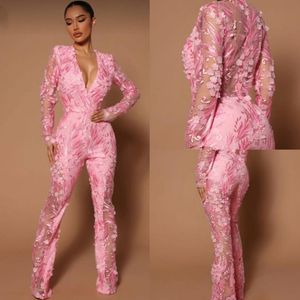 Combinaisons modernes en dentelle rose, robes de bal, fleurs florales 3D, col en v, manches longues, illusion, robes de soirée formelles pour femmes, occasions spéciales, vêtements de fête de célébrité