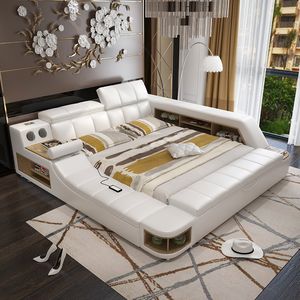 Modern soft bed tatami bedroom King queen double size multi-functional soft Music massage bed real leather art bed252S