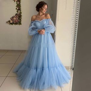 Vestidos de fiesta de graduación de princesa azul modestos Barato 2019 Julieta Mangas largas Fuera del hombro Cóctel drapeado con pliegues Vestidos de noche elegantes formales