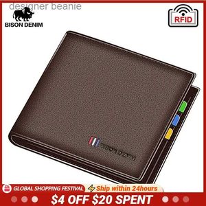 Money Clips BISON DENIM 100% Cow Leather Small Wallet Men Bifold Credit Card Holder Wallet RFID Blocking Purse Best Gift Male Pocket BagL231117