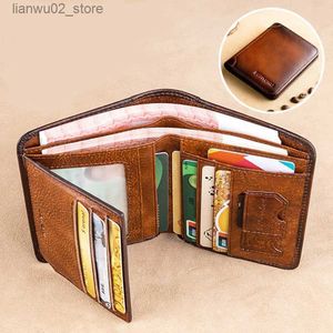Money Clips Men Wallet Genuine Leather Rfid Blocking Trifold Wallet Vintage Thin Short Multi Function ID Credit Card Holder Male Purse Money Q230921