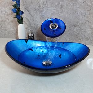 Monite, lavabo de baño azul, encimera de vidrio templado, juego de grifería de lavabo, grifo de cascada de latón, lavabo, barra de tocador