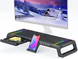 Monitor Stand for Desk RGB Gaming Lights with 4 USB 2.0, Foldable Computer Screen Riser with Storage Drawer and Phone Holder, Desk Organizer Laptop Stands Shelf Black