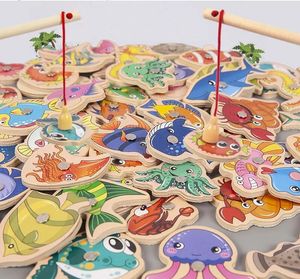 Montessori Wooden Magnetic Fishing Toys for Baby Cartoon Marine Life Cognition Fish Games Education Parent-Child Interactive