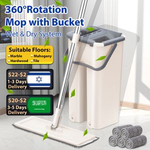 Mops Flat Squeeze Mop Floor With Bucket Water Floors Cleaner Home Kitchen Wooden Lazy Fellow for Wash 230810