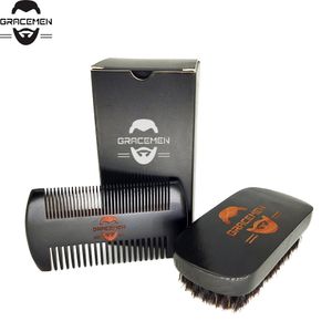MOQ 100 SETS OEM Logo personnalisé Kit de barbe noire pour les cheveux pour le visage moustache peigne Brush Set Kits de toilettage avec boîte
