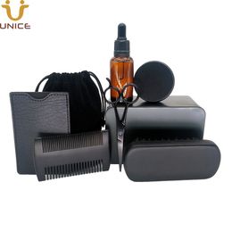 MOQ 100 pcs LOGO personnalisé 8 en 1 Kits de barbe noire Peignes à cheveux en bois Brosse à moustache Ciseaux à cire d'huile avec boîte en métal Sac PU Case Emballage de vente au détail