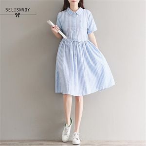 Mori Girl Plus Size Summer Women Shirt Dress Turn-Down Collar Blue Plaid Lace Up Vestidos Algodón Lino Vintage Elegante 210520