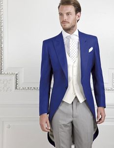 Morning Style One Button Royal Blue Wedding Groom Tuxedos Peak Lapel Padrinos de boda Hombres Trajes Prom Blazer (Chaqueta + Pantalones + Chaleco + Corbata) NO: 2101