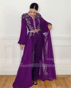 Morocain Caftan Rompers Purple en dentelle en mousseline de soie robes de combinaison de soirée à manches longues Dubaï Dubaï Kaftan Prom Robe Pantal