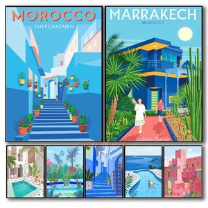 Maroc Marrakech Voyage Rue Toile Peinture Illustration Style Tropical Affiches Et Gravures Mur Art Moderne Photos Pour Salon Décor À La Maison No Frame Wo6