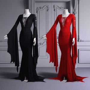 Morticia Addam Halloween bruja fantasma traje gótico piso tren vestido vampiro vintage lacing bata de bata para las mujeres más tamaño y0903