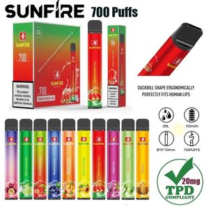 Le plus bon marché Sunfire TPD 700 Puffs Disposable Vape Pen 2ML Préfaisé 10 saveurs enregistrées 0% 2% 5% 550mAh LED LEIL E Cigarettes Vapeur Device