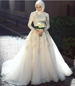Vestidos de novia musulmanes árabes sauditas más populares Vestidos de novia turcos con cuello alto y mangas largas Apliques de encaje sin hijab Hochzeit1515600