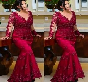 Mère de la mariée robe bordeaux robe de soirée de bal formel personnalisé grande taille robes de mère à manches longues en dentelle nouvelle sirène trompette O-cou illusion