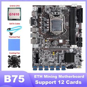 Cartes mères B75 ETH Mining Carte mère 12 PCIE vers USB LGA1155 avec G1610 CPU SATA Câble RJ45 Ventilateur de refroidissement réseau