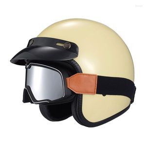 Casques de moto 2023 Jet Urban Style Open Face Helmet Flat Black Avec Vintage Goggle And Brim Moto Cruiser 3/4 Covers