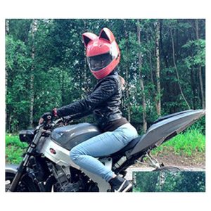 Casques de moto Casque de marque Nitrinos FL visage avec oreilles de chat quatre saisons couleur rose livraison mobile accessoires de motos Dhfeq