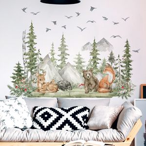 Montagnes et arbres dessin animé animaux maternelle Pvc matériel auto-adhésif Stickers muraux décoration murale accessoires pour la maison papier peint