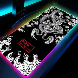 Tapis de souris Repose-poignets RGB Dragon Tapis de bureau Tapis de souris HD Noir Accessoires Gamer Grande lumière LED Tapis de souris XXL Gaming PC Tapis d'ordinateur avec rétro-éclairage T230215