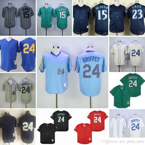 Film Vintage 24 Ken Griffey Baseball Jerseys Cousu 15 Kyle Seager 23 Nelson Cruz Respirant Sport Blanc Vert Gris Bleu Marine Pull