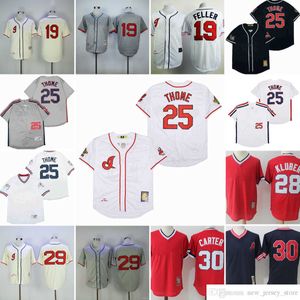 Film Vintage 25 Jim Thome Baseball Jerseys Cousu 19 Bob Feller 28 Corey Kluber 30 Joe Carter Jersey Respirant Sport Bleu Pull