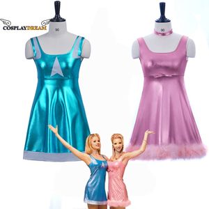 Film Romy et Michele's High School Reunion Cosplay Romy Blue Dress Michele Pink Dress Sister Outfit Sexy Jarretelles Jupe SuitCosplay