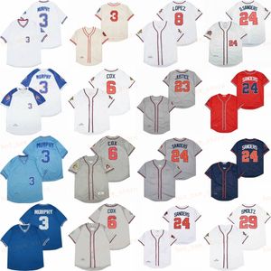 Film Vintage 3 Dale Murphy Baseball Jerseys cousu 6 Bobby Cox 8 Javier Lopez 10 Chipper Jones 23 David Justice 24 Deion Sanders Jersey Breathable Sport White