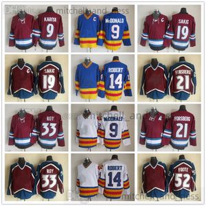 Film Vintage Hockey Jersey Retro CCM Broderie 33 Patrick Roy Jersey 9 Lanny McDonald 14 Rene Robert 19 Joe Sakic 21 Peter Forsberg 52 Adam Foote Maillots Rouges Blancs