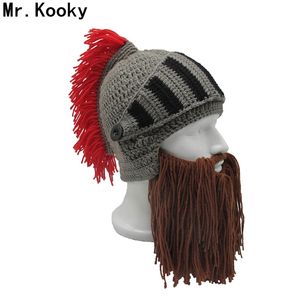 Mr.Kooky Red Tassel Cosplay Roman Knight Casque en tricot Casquettes pour hommes Original Barbarian Handmade Winter Warm Beard Hats Funny Beanies C18103101