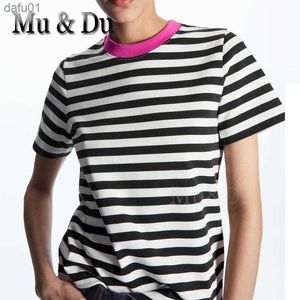 Mu Du 2023 Summer Fashion Slim Basic T-Shirt Femme Solide / Rayé Coton Col Rond Manches Courtes Tops Femme Y2K Tees Ropa Mujer L230520