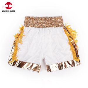 MUAY THAI Shorts Tassels Gold Boxing Mens Womens Kids Kends Satin Pants Mat Gym Sports Match Fight Kickboxing Training Clothing 240402