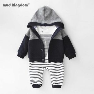 Mudkingdom bébé garçon éléphant barboteuse Cardigan tenue ensemble costume épais rayure à capuche manteau vêtements pour bébés 210615