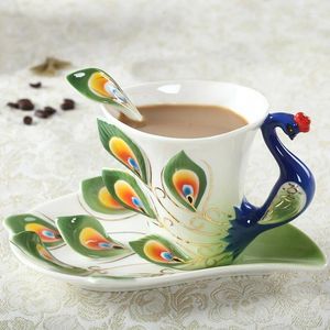 Tasses 200ml Paon Tasses à café avec soucoupe cuillère Hadmade 3D céramique thé lait ensemble petit déjeuner bouteille d'eau cadeaux d'amant de noël