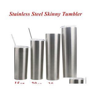 Tasses 20oz Skinny Tumbler Slim Beer Coffee Mug 304 Flacon à vide en acier inoxydable avec couvercle et St 15oz 30oz Drop Drop Delive DHFEH