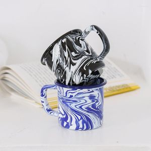 Tazas de café esmaltadas creativas de 380ml, taza de agua para beber leche azul y negra, decoración grande para el hogar, vajilla de cocina, apto para lavavajillas y microondas